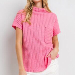 Pink Texture Mock Neck Short Sleeve Knit Top